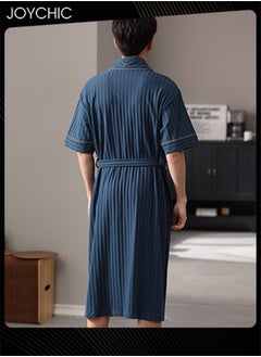 Joychic Solid Color Men Pure Cotton Lapel Pajamas Youth Short-sleeved All-in-one Loose Breathable Sleep Robe with Adjustbale Belt for Spring and Summer Autumn Dark Blue  - Image 2