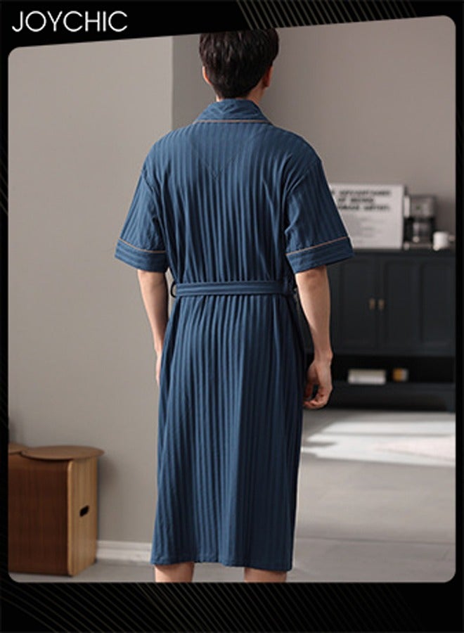 Joychic Solid Color Men Pure Cotton Lapel Pajamas Youth Short-sleeved All-in-one Loose Breathable Sleep Robe with Adjustbale Belt for Spring and Summer Autumn Dark Blue  - Image 2