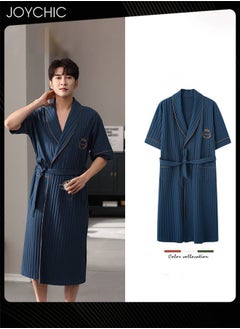 Joychic Solid Color Men Pure Cotton Lapel Pajamas Youth Short-sleeved All-in-one Loose Breathable Sleep Robe with Adjustbale Belt for Spring and Summer Autumn Dark Blue  - Image 1