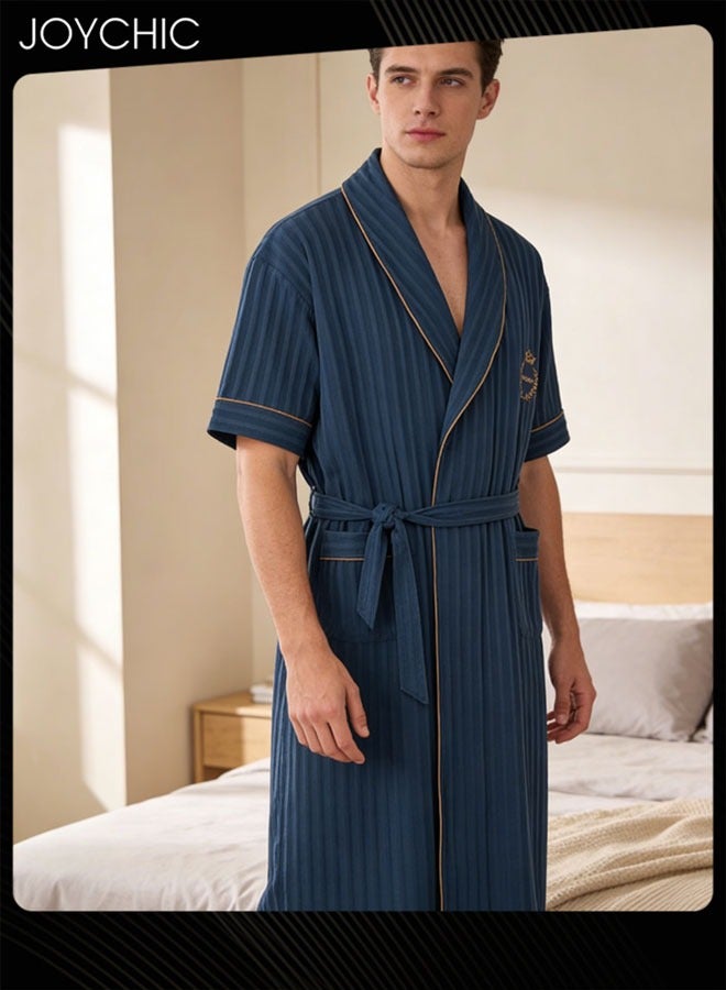 Joychic بيجامة رجال قطنية خالصة بلون موحد بأكمام قصيرة مع طية صدر عريضة، رداء نوم فضفاض وقابل للتنفس مع حزام قابل للتعديل لفصل الربيع والصيف والخريف باللون الأزرق الداكن - Image 1