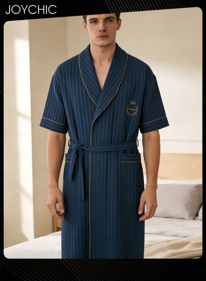 Joychic بيجامة رجال قطنية خالصة بلون موحد بأكمام قصيرة مع طية صدر عريضة، رداء نوم فضفاض وقابل للتنفس مع حزام قابل للتعديل لفصل الربيع والصيف والخريف باللون الأزرق الداكن - Image 2