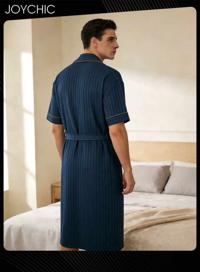 Joychic بيجامة رجال قطنية خالصة بلون موحد بأكمام قصيرة مع طية صدر عريضة، رداء نوم فضفاض وقابل للتنفس مع حزام قابل للتعديل لفصل الربيع والصيف والخريف باللون الأزرق الداكن - Image 3