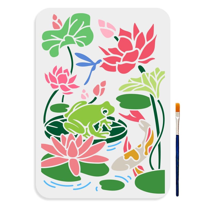 MAYJOYDIY MAYJOYDIY Lotus Pond Stencil 11783inch Large Lotus Flower Koi Painting Stencil with Paint Brush Summer Dragonfly Frog Pond Scenery Template for Crafts Wood Wall Fabric Paper Furniture 