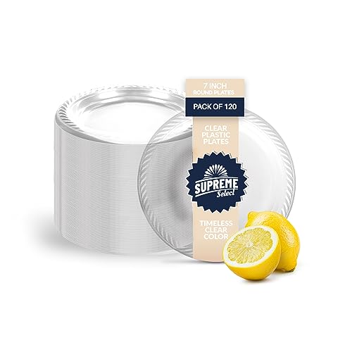 Supreme Select Clear Disposable Plastic Plates [Set of 120 | 7-inch Plates] Elegant Party Dinner Plates-Microwave Safe Plastic Dish Set- Sturdy Rimmed Plates For Weddings, Parties, Kitchen Use - Image 5