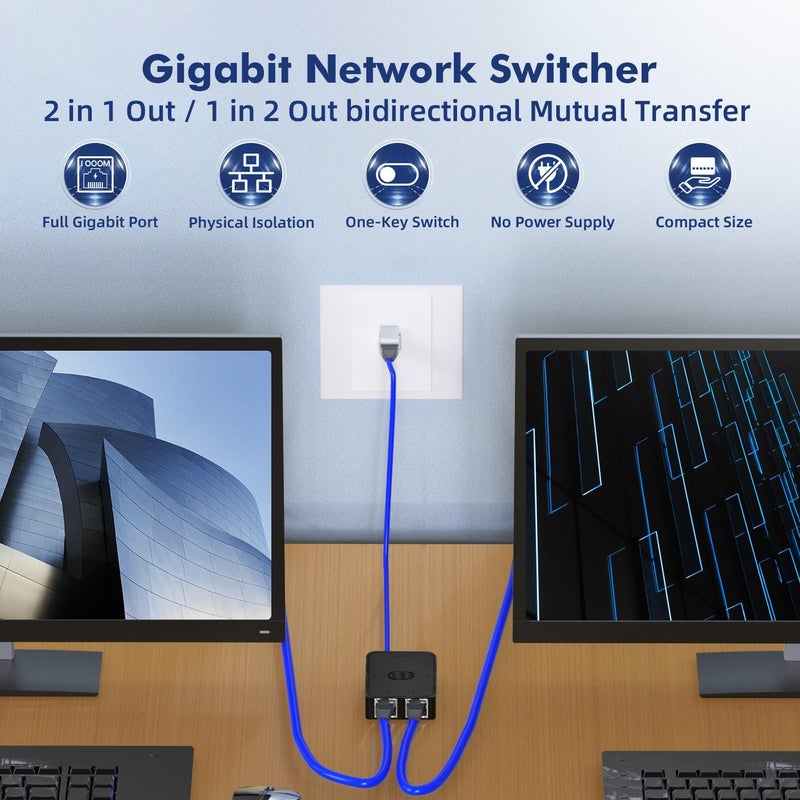 Binardat Gigabit Network Switcher, Passive Ethernet Selector, in/Out to A or B Network, Bidirectional Manual Switcher, No Power Required - Image 2