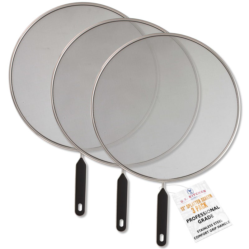 U.S. Kitchen Supply US Kitchen Supply 3Piece Stainless Steel Splatter Guard Set 13 Fine Mesh Cover Grease  Oil Splatter Screen for Frying Pan Cooking Pots with Comfort Grip Handles 