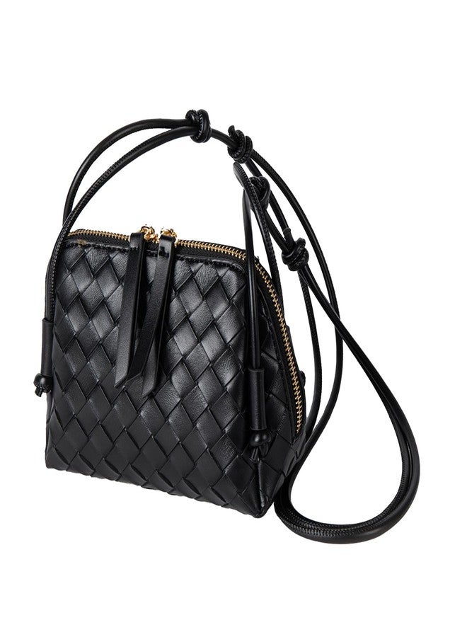 JYG Woven Crossbody Bags for Women PU Leather Handwoven Shoulder Bag Mini Clutch Purses with Adjustable Strap 2025, Black, Mini - Image 1