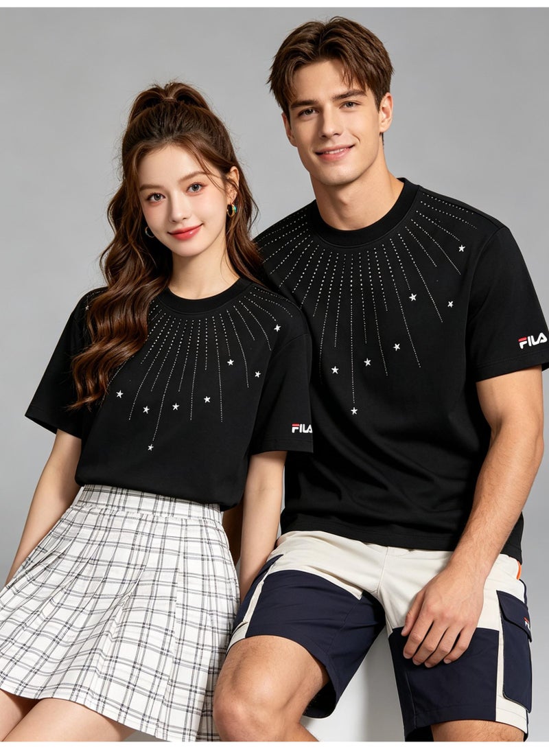 FILA all over the sky hot drilling meteor short men and women summer cotton loose round neck short sleeve T-shirt - Image 1
