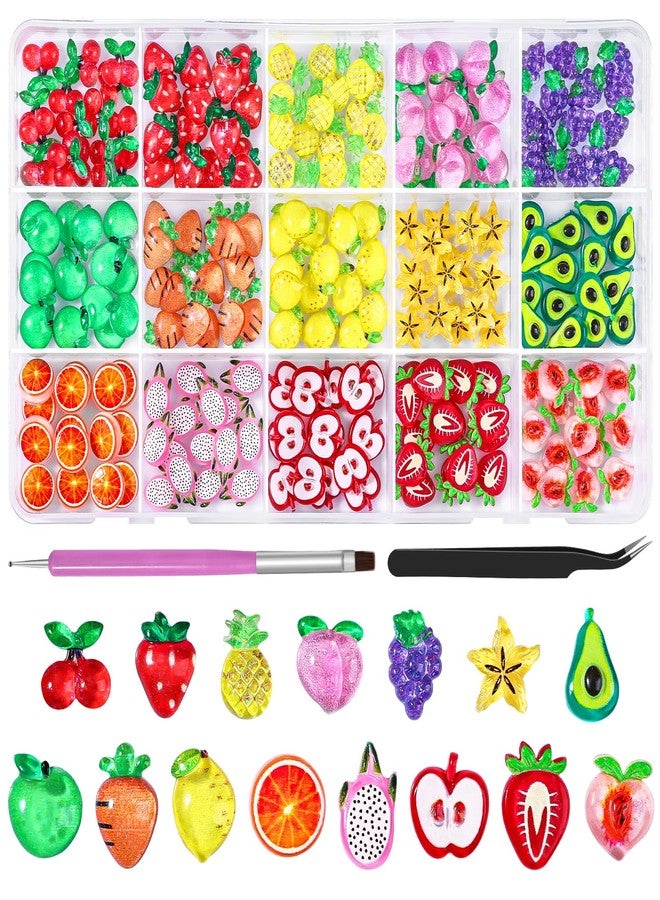 editTime 220Pcs 3D Cartoon Fruit Nail Art Charms,15 Grids Mixed Assorted Cherry Strawberry Pineapple Peach Grape Apple Carrot Lemon Avocado Orange Pitaya Star Fruit Nail Supplies with Pickup Tool (Fruit) - Image 1