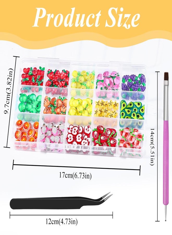 editTime 220Pcs 3D Cartoon Fruit Nail Art Charms,15 Grids Mixed Assorted Cherry Strawberry Pineapple Peach Grape Apple Carrot Lemon Avocado Orange Pitaya Star Fruit Nail Supplies with Pickup Tool (Fruit) - Image 2