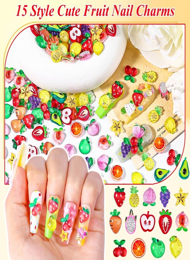 editTime 220Pcs 3D Cartoon Fruit Nail Art Charms,15 Grids Mixed Assorted Cherry Strawberry Pineapple Peach Grape Apple Carrot Lemon Avocado Orange Pitaya Star Fruit Nail Supplies with Pickup Tool (Fruit) - Image 4