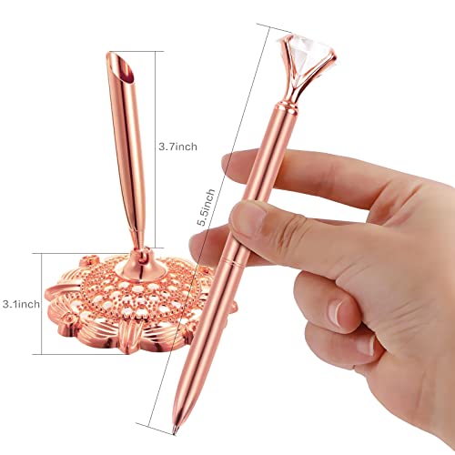 RUTICH Hollow Round Pen Holder Signing Pen Set with Big Diamond Crystal Pen for Wedding Bridal Opening Ceremony Graduation Office, Rose Gold(Black Ink) - Image 3