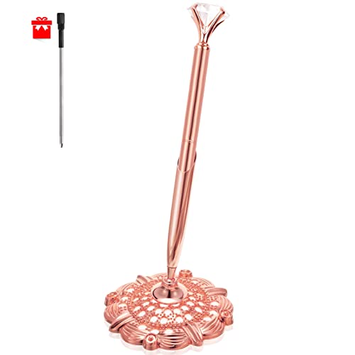 RUTICH Hollow Round Pen Holder Signing Pen Set with Big Diamond Crystal Pen for Wedding Bridal Opening Ceremony Graduation Office, Rose Gold(Black Ink) - Image 1