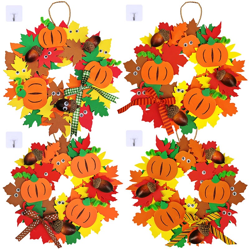 Supla 12 Kits 3D Pumpkin Fall Leaf Wreath Craft Kit DIY Thanksgiving Wreath with Maple Leaves Acorns Bows Wiggle Eyes for Kids Crafts Fall Thanksgiving Halloween Seasonal Decoration - Image 3