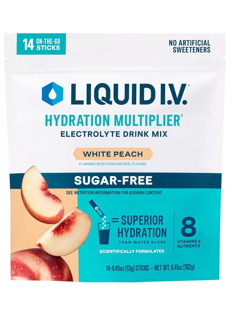 Liquid I.V. ® Hydration Multiplier® خالي من السكر - خوخ أبيض - عبوات مسحوق الترطيب | مزيج مشروب مسحوق الإلكتروليت | أعواد مريحة لتقديم وجبة واحدة | غير معدلة وراثيًا | عبوة واحدة (14 وجبة) - Image 1