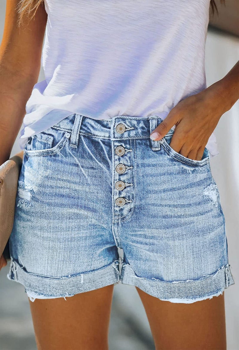Pink Queen Empire Waist Denim Shorts for Women High Rise Casual Ripped Distressed Short Jeans Fashion Button Down Folded Hem Frayed Jean Shorts Light Blue L - Image 4