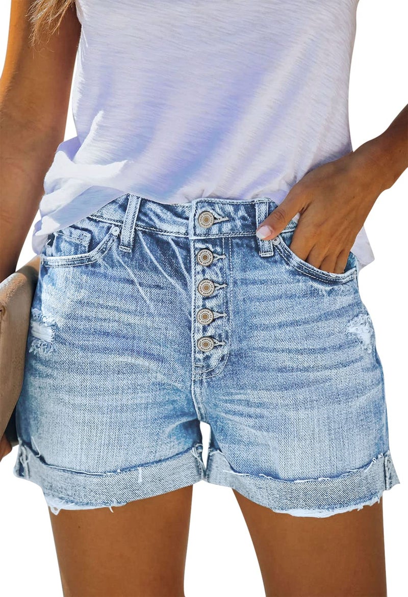 Pink Queen Empire Waist Denim Shorts for Women High Rise Casual Ripped Distressed Short Jeans Fashion Button Down Folded Hem Frayed Jean Shorts Light Blue L - Image 2