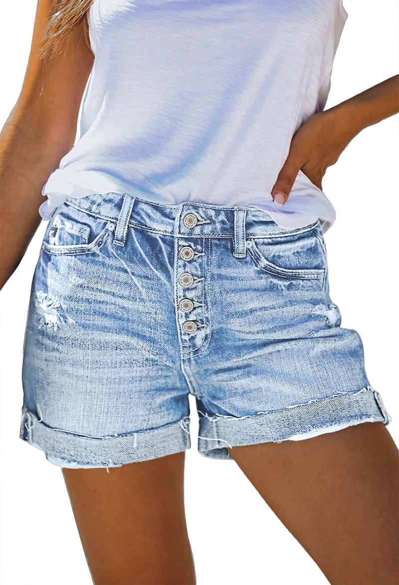 Pink Queen Empire Waist Denim Shorts for Women High Rise Casual Ripped Distressed Short Jeans Fashion Button Down Folded Hem Frayed Jean Shorts Light Blue L - Image 1