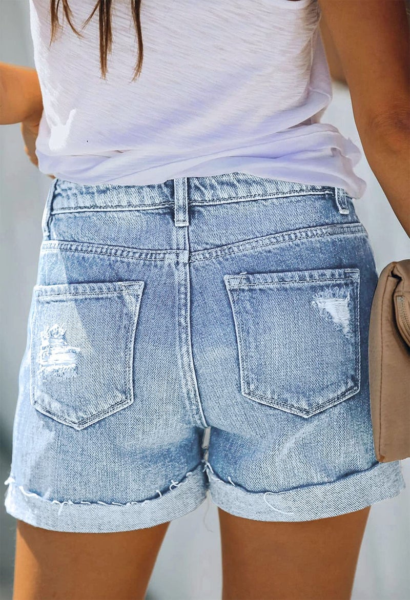 Pink Queen Empire Waist Denim Shorts for Women High Rise Casual Ripped Distressed Short Jeans Fashion Button Down Folded Hem Frayed Jean Shorts Light Blue L - Image 5