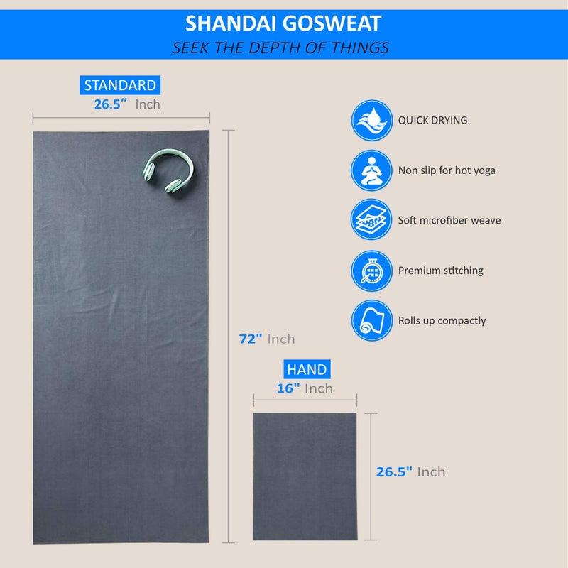Shandali Hot Yoga Towel - Suede - 100% Microfiber, Super Absorbent, Bikram Yoga Mat Towel - Exercise, Fitness, Pilates, and Yoga Gear - Gray 26.5" x 72" - Image 2