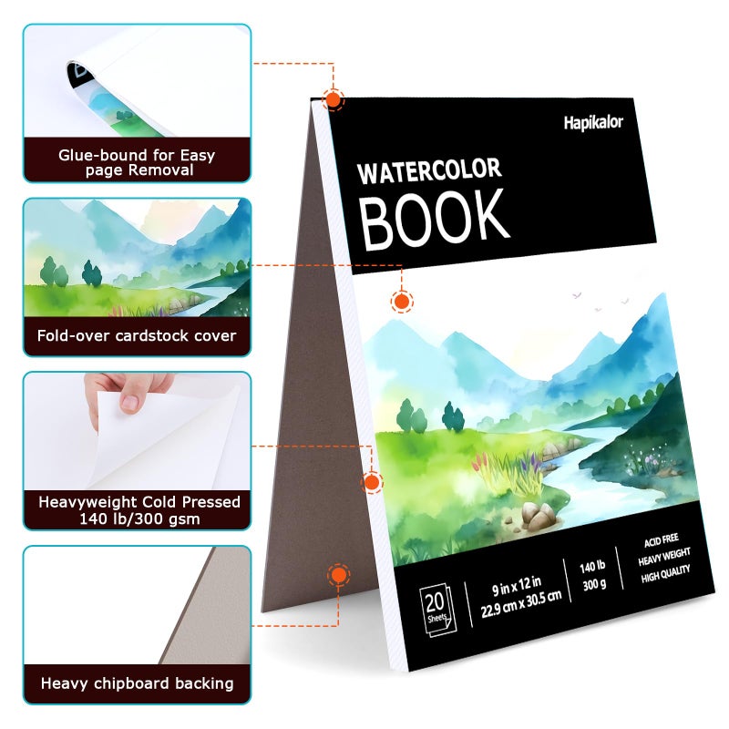 Hapikalor Watercolor Paper Pad, 9"x12" Water Color Paper, 140lb/300gsm Artist Painting Drawing Paper Book, Art Supplies for Adults Kids, Watercolors, Watercolor Paint Set, Sketchbook, Journal, Black - Image 2