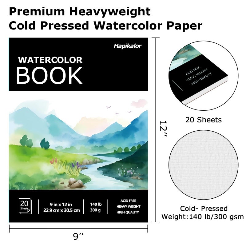 Hapikalor Watercolor Paper Pad, 9"x12" Water Color Paper, 140lb/300gsm Artist Painting Drawing Paper Book, Art Supplies for Adults Kids, Watercolors, Watercolor Paint Set, Sketchbook, Journal, Black - Image 5