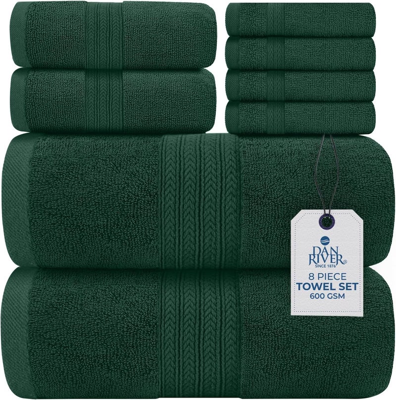 DAN RIVER 8 PC Luxury Bath Towels for Bathroom, 2 Bath, 2 Hand, and 4 Wash Cloths, 600 GSM 100% Ring Spun Cotton Towel Set, Highly Absorbent, Gym, Hotel, and Spa, Hunter Green - Image 1