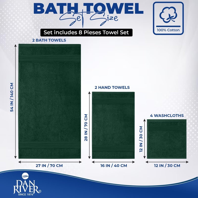 DAN RIVER 8 PC Luxury Bath Towels for Bathroom, 2 Bath, 2 Hand, and 4 Wash Cloths, 600 GSM 100% Ring Spun Cotton Towel Set, Highly Absorbent, Gym, Hotel, and Spa, Hunter Green - Image 2