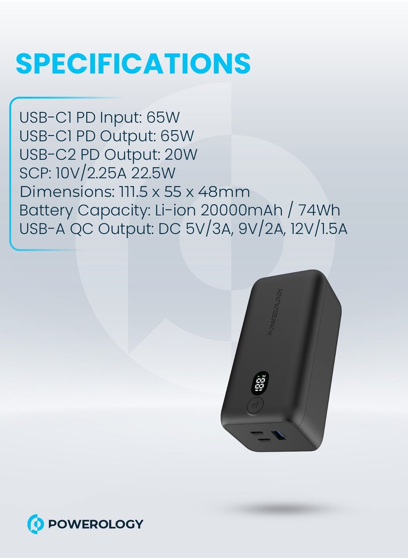 Powerology - Onyx 20000mAh Dual USB-C Power Bank PD 65W/ LED Display / Dual Power Delivery / Rapid Three-Device Charging / Built-in Safeguards - Black - Image 1