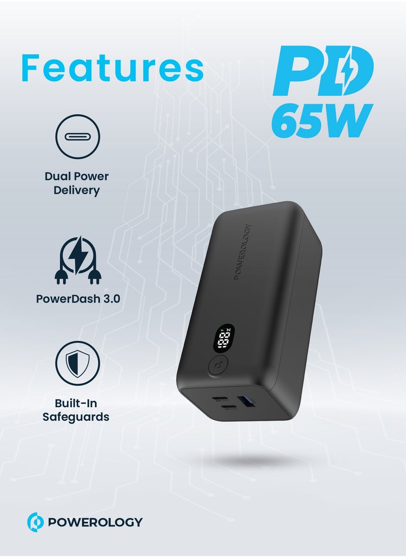 Powerology - Onyx 20000mAh Dual USB-C Power Bank PD 65W/ LED Display / Dual Power Delivery / Rapid Three-Device Charging / Built-in Safeguards - Black - Image 1