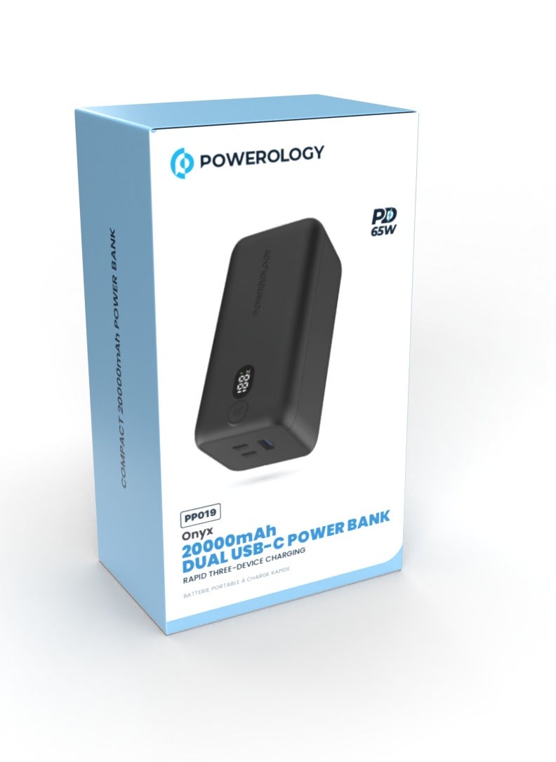 Powerology - Onyx 20000mAh Dual USB-C Power Bank PD 65W/ LED Display / Dual Power Delivery / Rapid Three-Device Charging / Built-in Safeguards - Black - Image 1