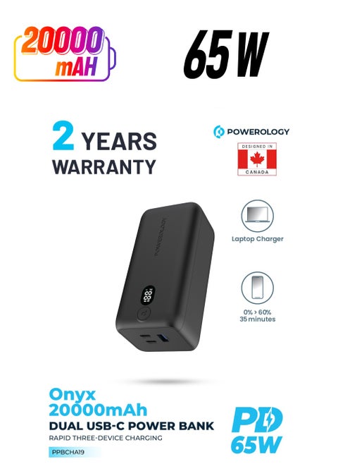 Onyx 20000mAh Dual USB-C Power Bank PD 65W/ LED Display / Dual Power Delivery / Rapid Three-Device Charging / Built-in Safeguards - Black