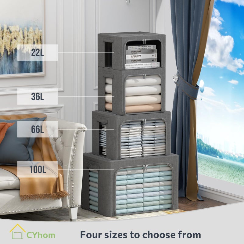 CYhom 3Pack Foldable Storage Bins - Frame Storage Box Linen Fabric Stackable Clothes Container Organizer with Clear Window & Carry Handles Large Capacity (Medium-36L, Dark Gray) - Image 3