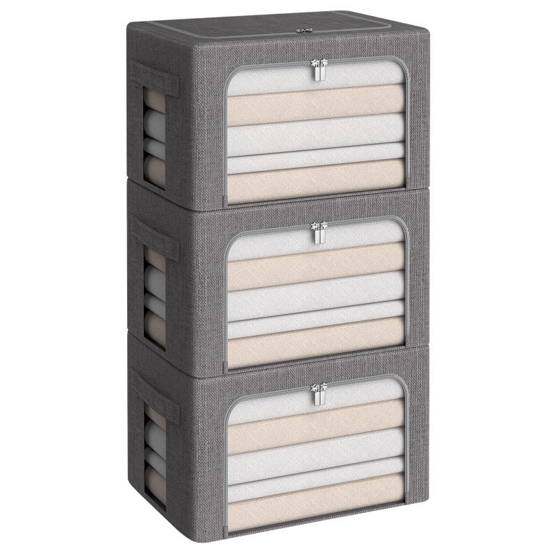 CYhom 3Pack Foldable Storage Bins - Frame Storage Box Linen Fabric Stackable Clothes Container Organizer with Clear Window & Carry Handles Large Capacity (Medium-36L, Dark Gray) - Image 1
