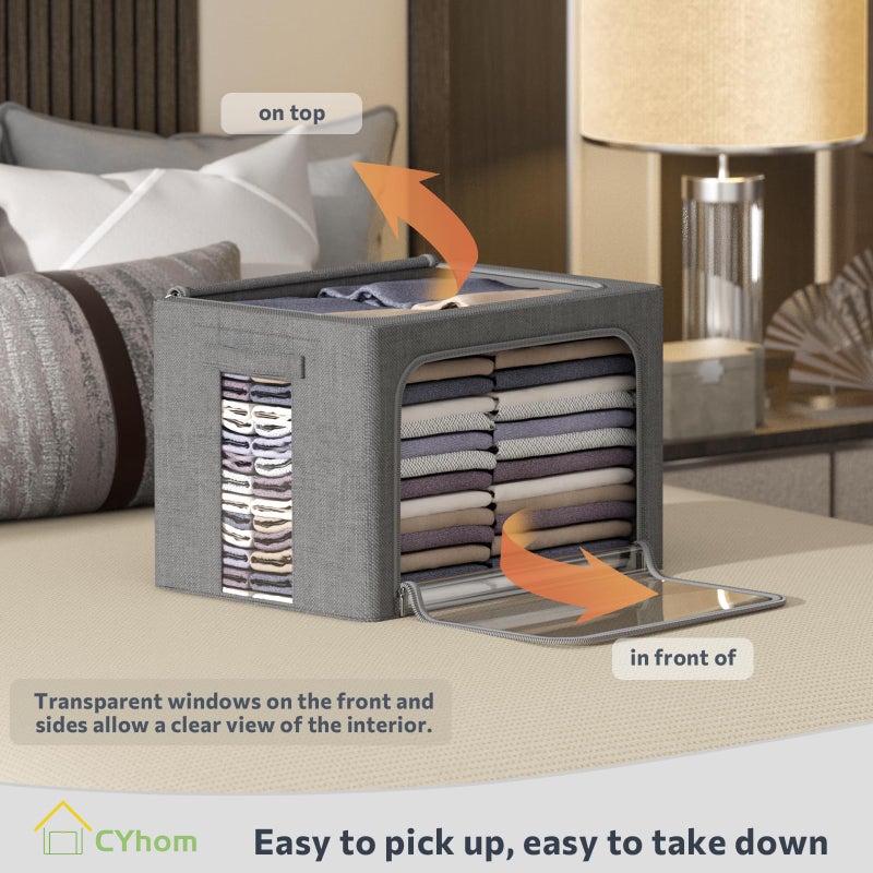 CYhom 3Pack Foldable Storage Bins - Frame Storage Box Linen Fabric Stackable Clothes Container Organizer with Clear Window & Carry Handles Large Capacity (Medium-36L, Dark Gray) - Image 2