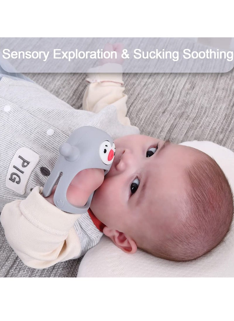 MIXDE - Penguin Baby Teething Toys for 3-6Months, Infant Handheld Pacifiers 0-6Months, 3Months Old Baby Must Haves, 4months Old Toys for Babies, Light Grey - Image 1