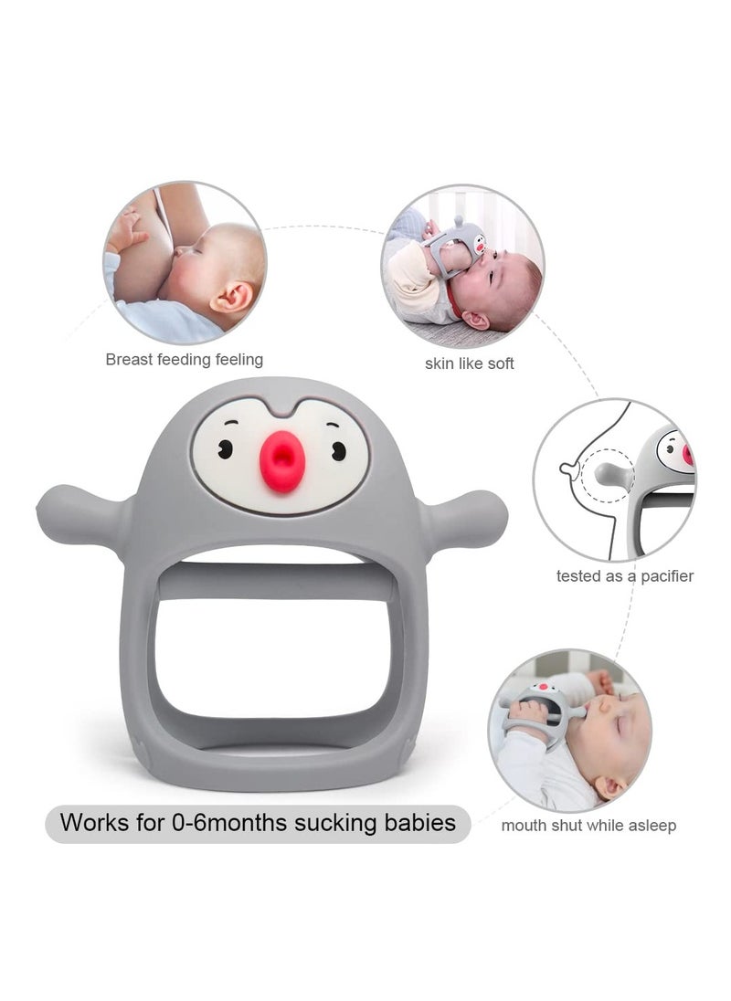 MIXDE - Penguin Baby Teething Toys for 3-6Months, Infant Handheld Pacifiers 0-6Months, 3Months Old Baby Must Haves, 4months Old Toys for Babies, Light Grey - Image 1