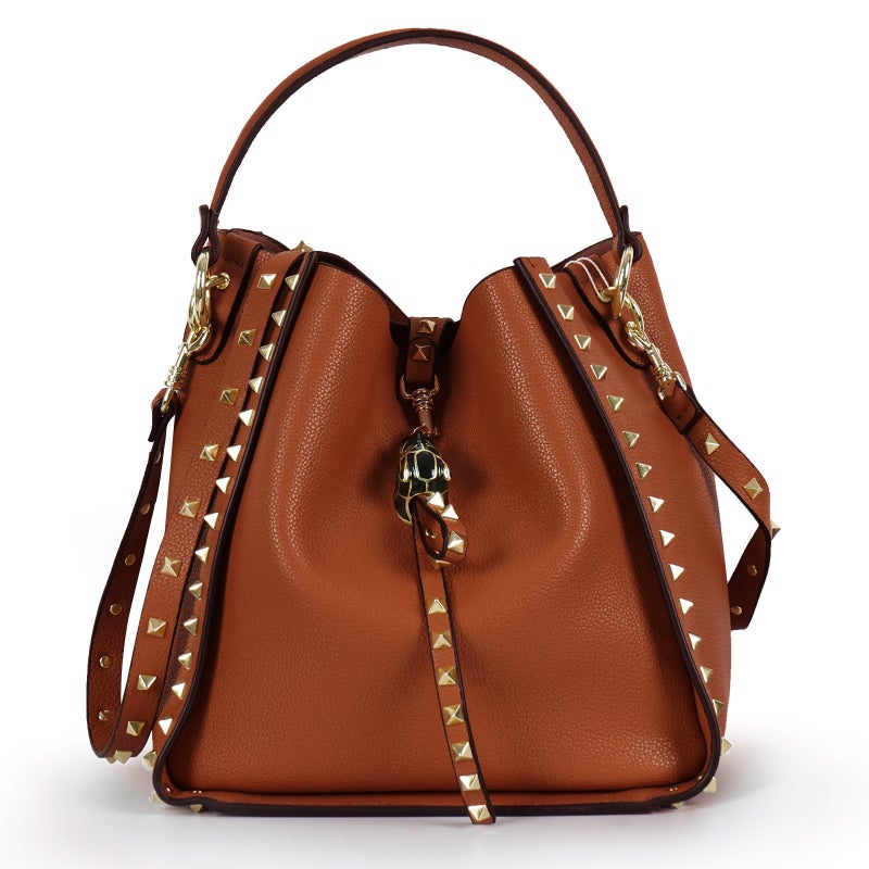 Popular Genuine Leather Bucket Bag, Pebbled First-Layer Cowhide Rivet Bag, Retro Trendy Crossbody Bag For Women - Image 1