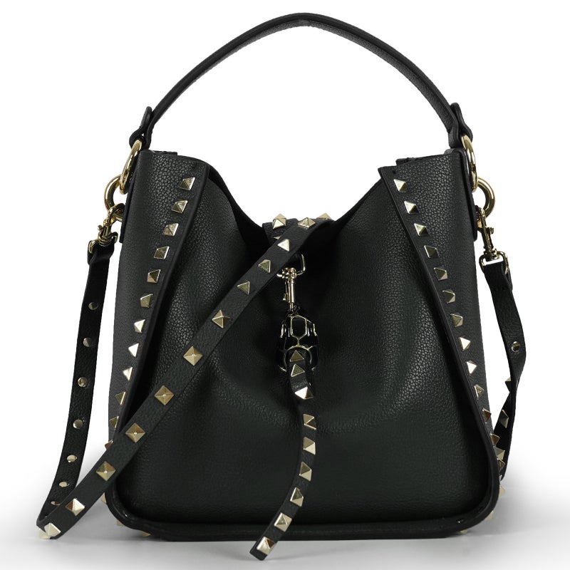 Popular Genuine Leather Bucket Bag, Pebbled First-Layer Cowhide Rivet Bag, Retro Trendy Crossbody Bag For Women - Image 3