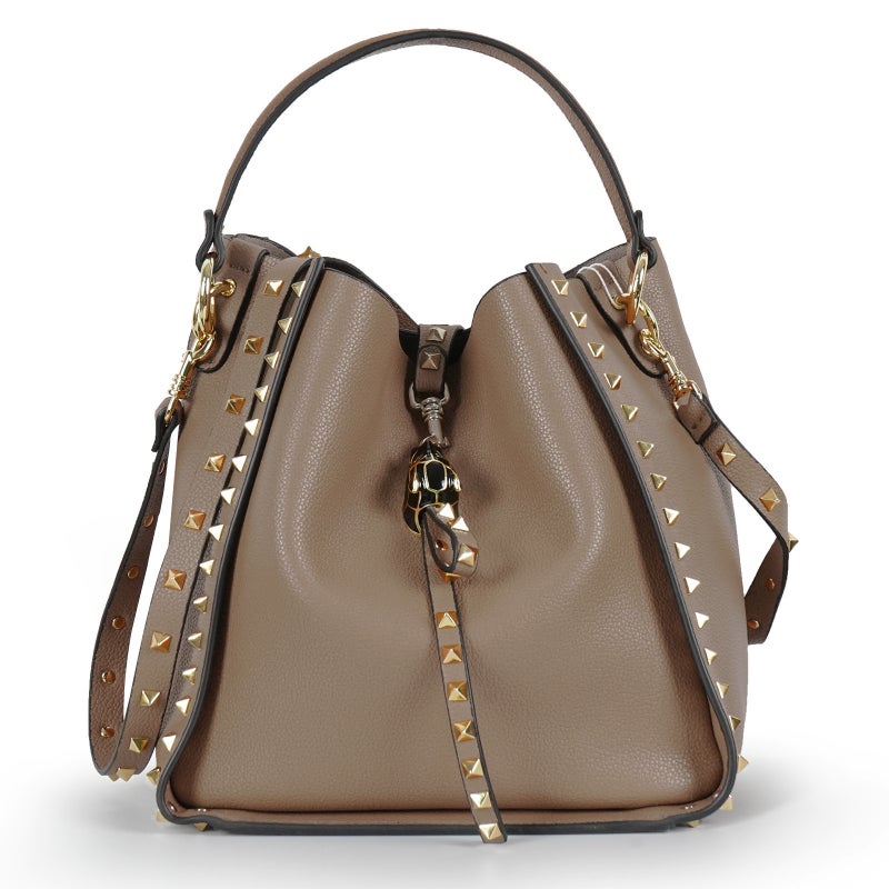 Popular Genuine Leather Bucket Bag, Pebbled First-Layer Cowhide Rivet Bag, Retro Trendy Crossbody Bag For Women - Image 5