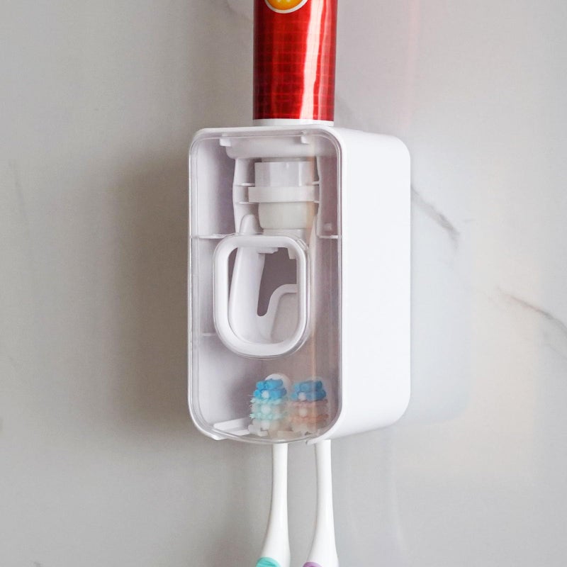 LUEXBOX 2 Slot Toothbrush Holder and Toothpaste Dispenser Wall Mounted, Automatic Toothpaste Squeezer, 2 in 1 Tooth Brush Toothpaste Organizer for Shower (Clear) - Image 1