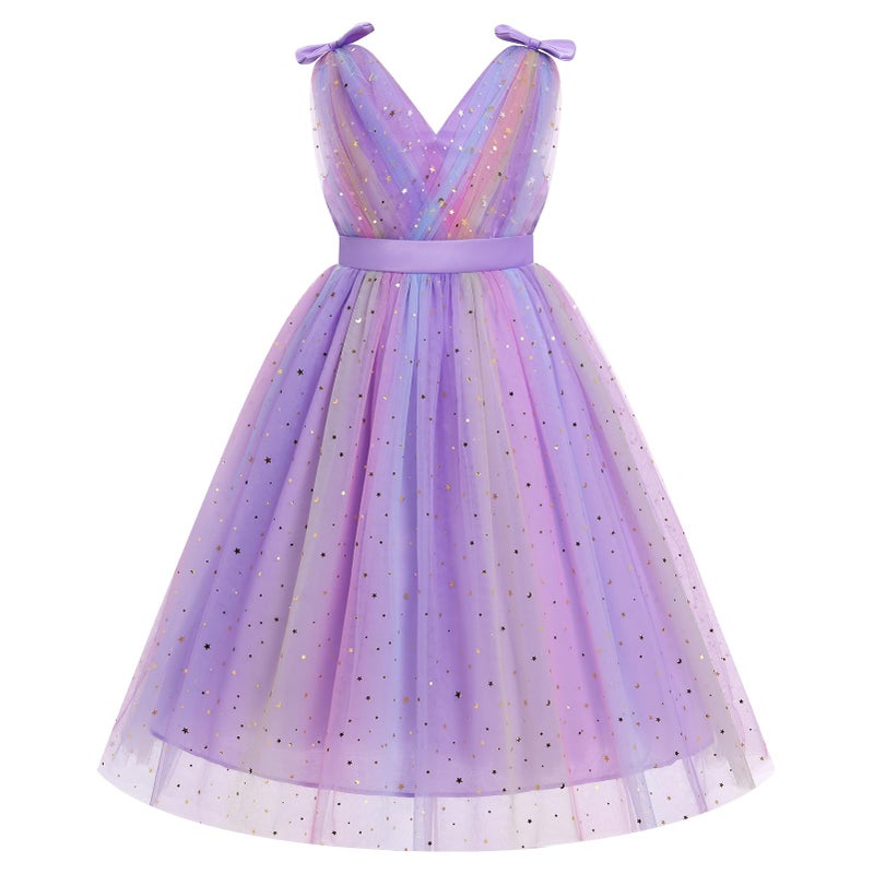 ODOLDI Kids Girls Wedding Flower Girl Dress Rainbow Sparkly Tulle Formal Prom Ball Dress, Rainbow Purple, 3-4 Years - Image 1