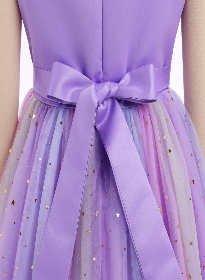 ODOLDI Kids Girls Wedding Flower Girl Dress Rainbow Sparkly Tulle Formal Prom Ball Dress, Rainbow Purple, 3-4 Years - Image 2