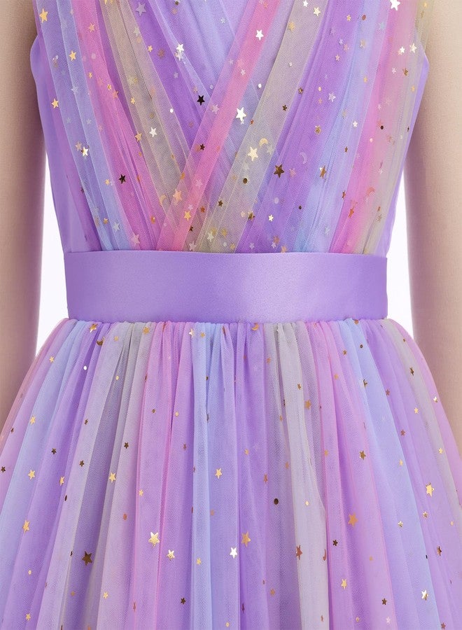 ODOLDI Kids Girls Wedding Flower Girl Dress Rainbow Sparkly Tulle Formal Prom Ball Dress, Rainbow Purple, 3-4 Years - Image 4