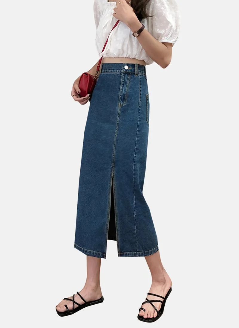 يونيكي Blue Solid Denim Midi Skirt