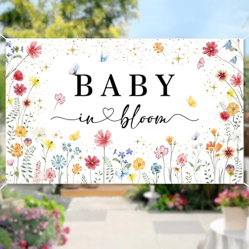 Heboland Wildflower Baby in Bloom Backdrop Banner Baby Shower Decorations for Girls Large Size 3 x 5Ft Polyester Spring Floral Baby in Bloom Backdrop Banner - Image 1