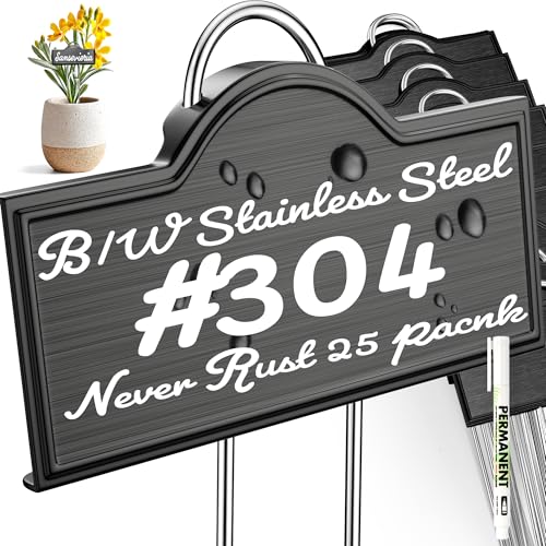 Bravex Stainless Steel 304 Plant Labels Weatherproof, Metal Garden Label Tall Markers 25 Pack for Outdoor Plants Vegetables Herb Seedlings Flowers with a Pen, Label Area 3.74'' x 1.39'' Height 10.75 Inch - Image 1