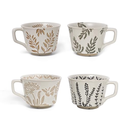 ZPGXLRZ Vintage Ceramic Mug Set - 12 oz Unique Ceramic Coffee Mugs & Tea Cups with Hand-Drawn Patterns, Dishwasher & Microwave Safe, Ideal Gift - Image 1
