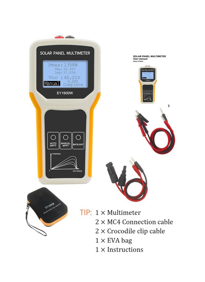 Excefore - Solar Panel Tester, 1600W Solar Panel Tester MPPT Photovoltaic Panel Multimeter, Upgraded with Ultra Clear LCD Display, Smart MPPT Tools for Testing Solar PV Panel Data and Troubleshooting - Image 1