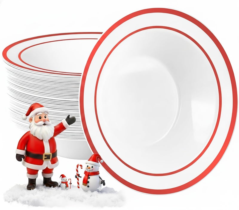 Goodluck 50 Pack Plastic Bowls with Red Rim, 12oz Disposable Soup Bowls, Heavy Duty Dessert Bowls for Weddings, Parties, Valentine's Day Dinners, Catering, Thanksgiving and Everyday Use - Image 1
